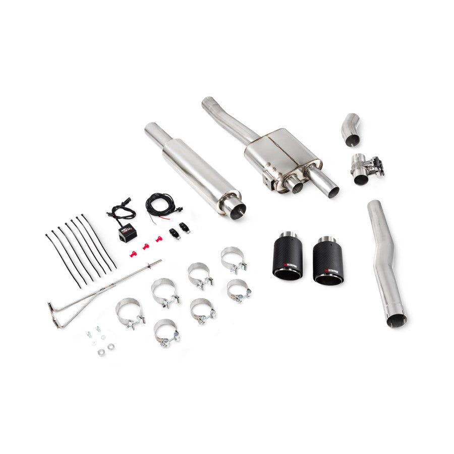 Scorpion Exhaust TunR Resonated cat-back 3” system with valve - CF Ascari Tips for S & JCW