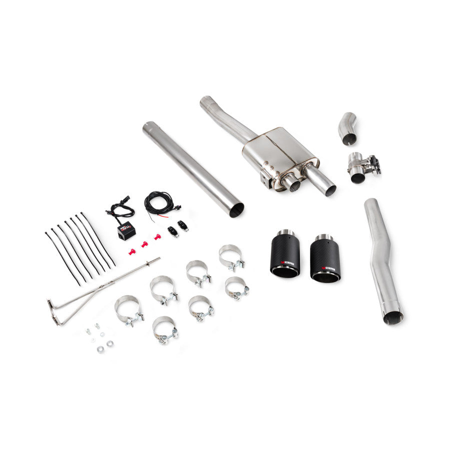 Scorpion TunR Non-res 3” cat-back system with valve - CF Ascari Tips for S & JCW