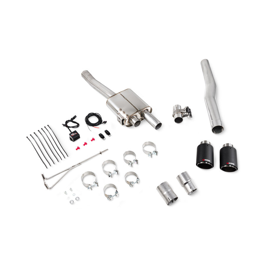 Scorpion TunR Non-resonated 3” gpf-back system with valve - CF Ascari Tips for S and JCW